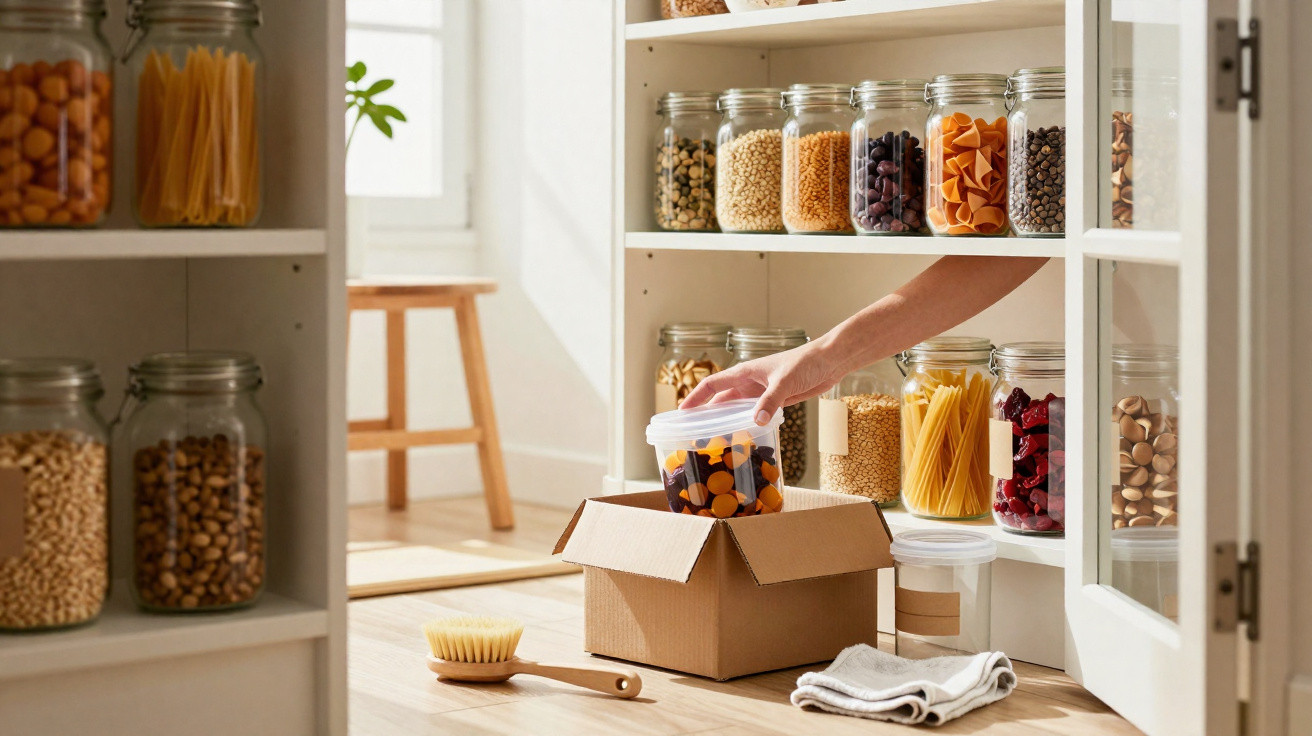Person packing dried foods in clear jars into a cardboard box in a bright kitchen pantry.