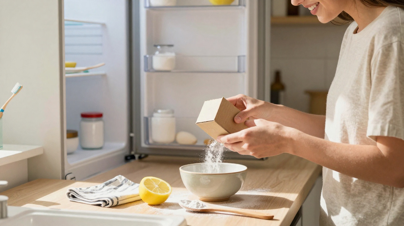 Person pouring white powder from a box into a bowl on a kitchen counter next to a halved lemon.