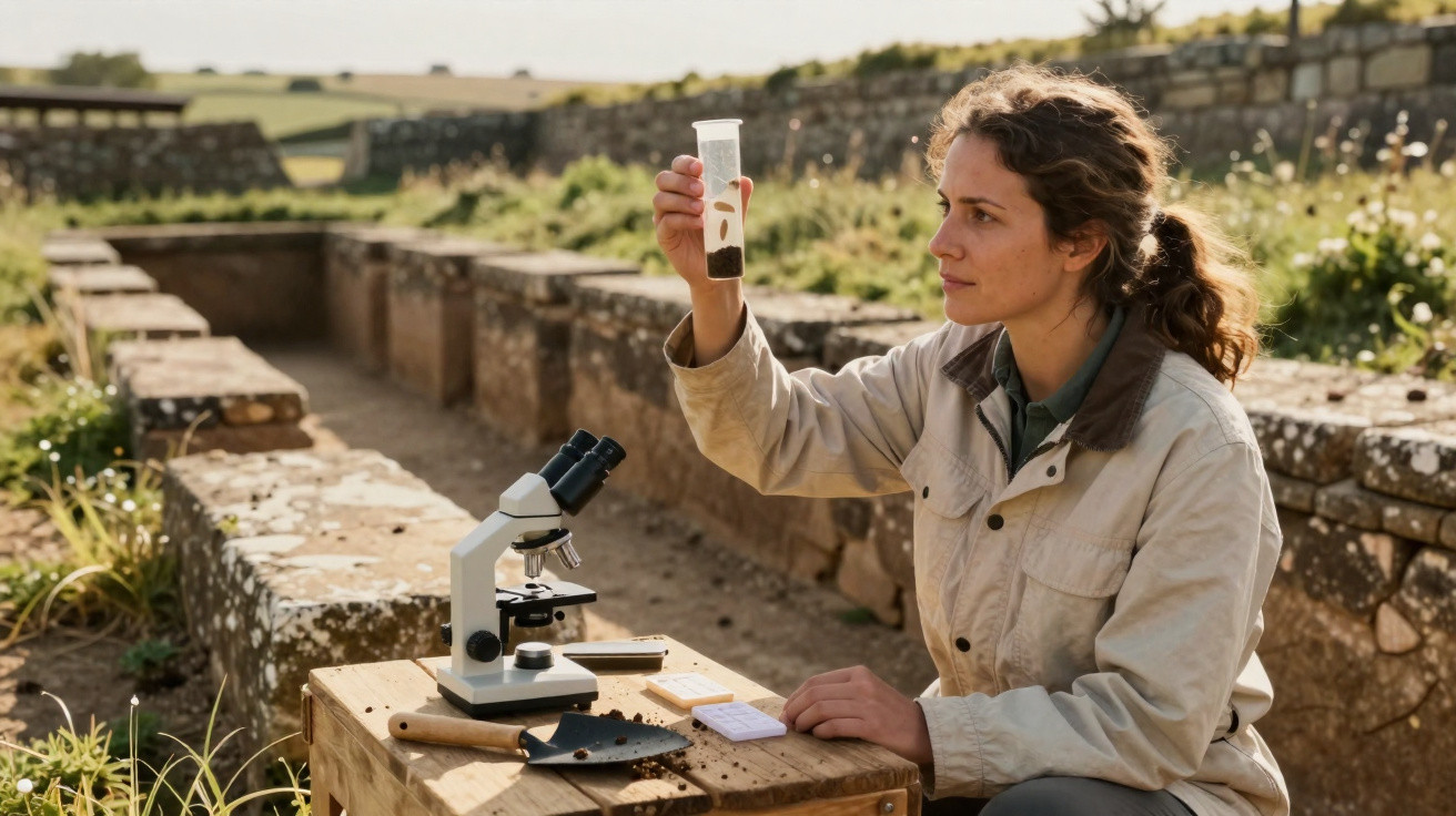Female archaeologist examining soil sample in a test tube at an outdoor excavation site with microscope and tools.