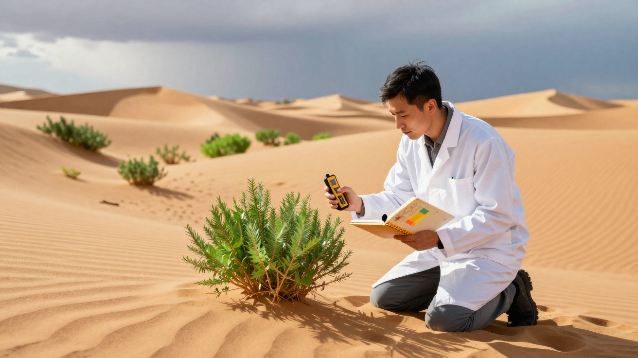 Scientist in a white lab coat kneeling in desert sand, measuring a green plant with a handheld device.