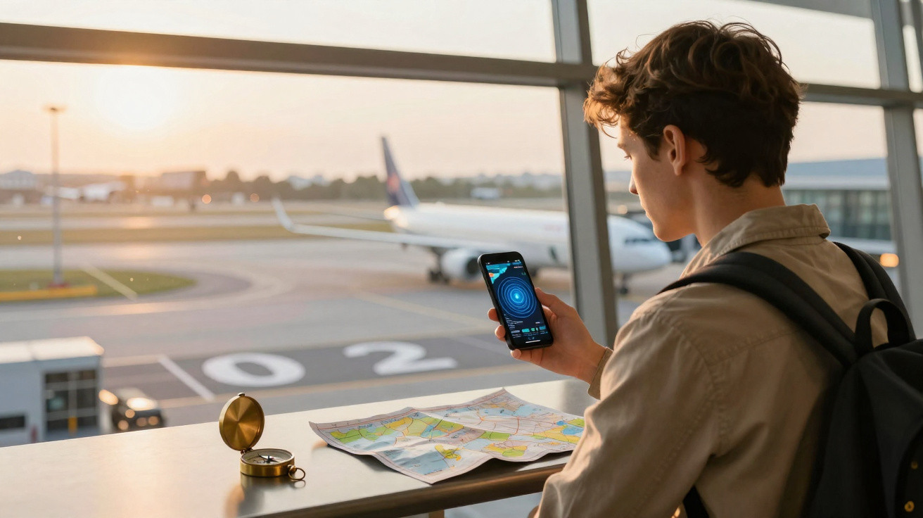 Young man with backpack using phone and map at airport lounge with plane visible outside window at sunset.