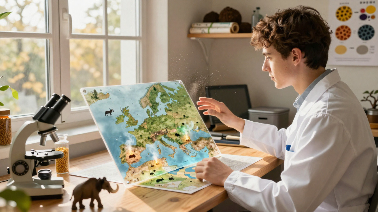 Young scientist in a lab coat examining a glowing, interactive map of Europe on a wooden desk by a window.