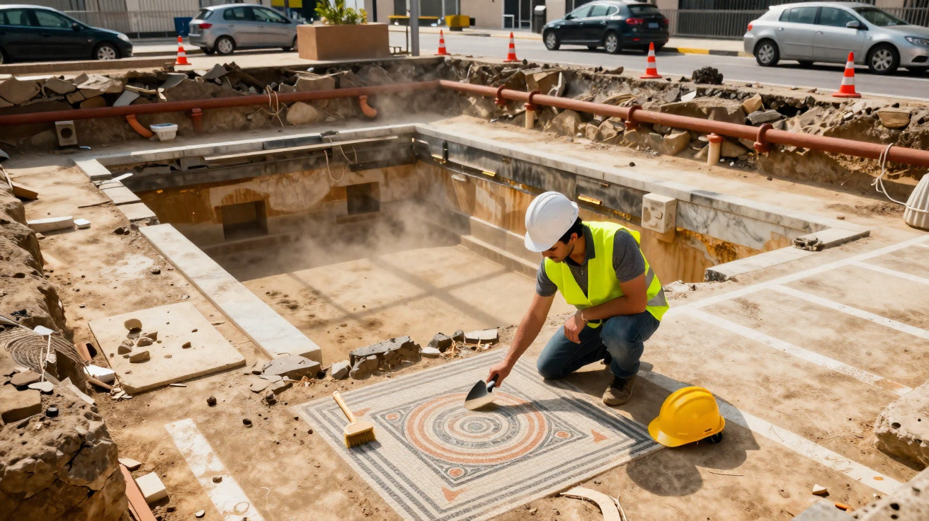 Archaeologist in safety gear examining a circular mosaic at an urban excavation site with cars in the background