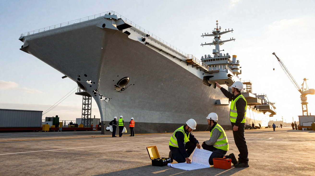 Engineers in safety gear inspecting and reviewing plans beside a large naval ship docked at harbour.