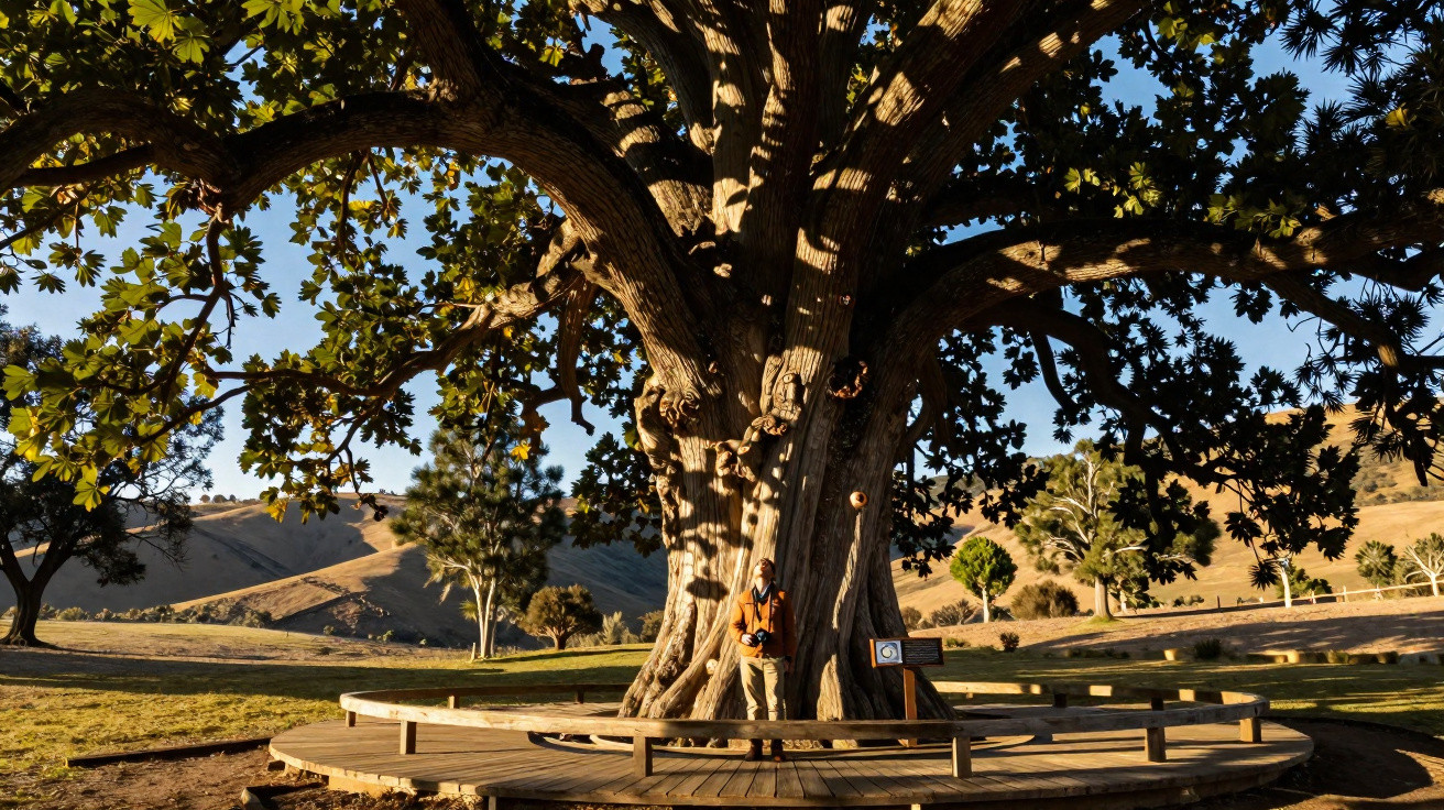 Large ancient tree with a wooden circular bench around its base in a sunny open landscape.