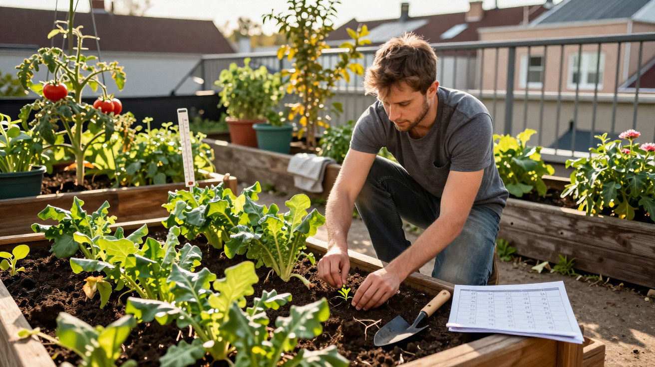 Man planting seedlings in raised garden bed on rooftop with gardening tools and notes nearby.