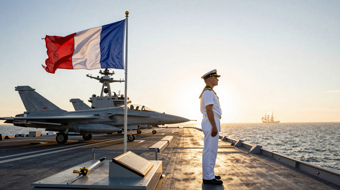 French naval officer standing on aircraft carrier deck near fighter jets and French flag at sunset with ship on horizon.
