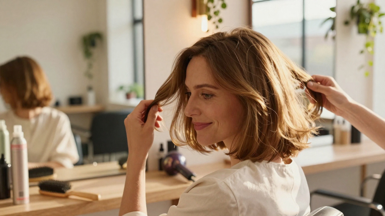 Woman with medium brown hair smiling while hairstylist adjusts her hair in a salon with mirrors and hair tools.