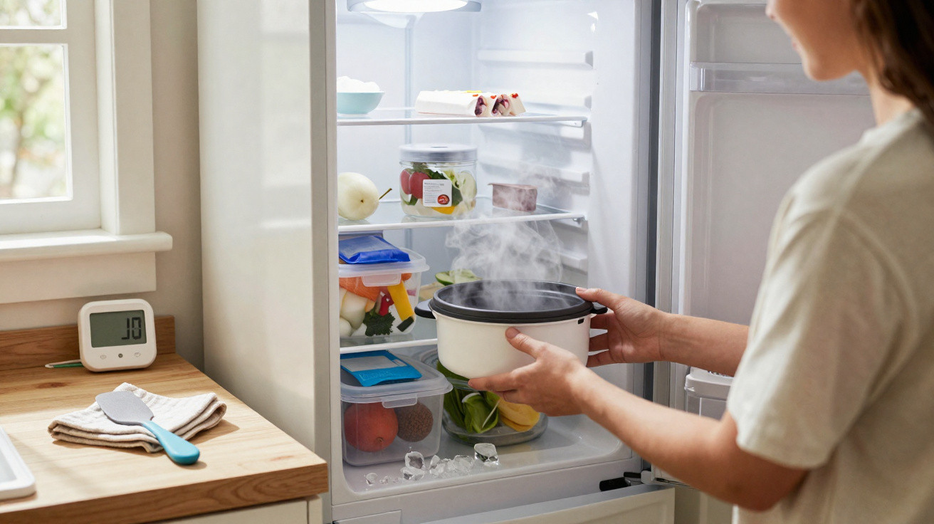 Person placing a steaming hot dish into a refrigerator filled with various food containers.
