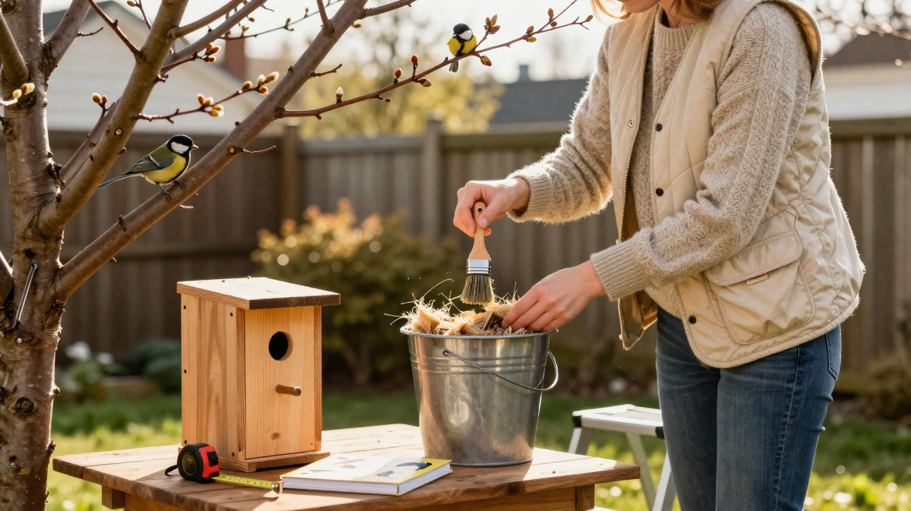 Person preparing nesting materials beside a wooden birdhouse on a table in a garden with birds nearby.