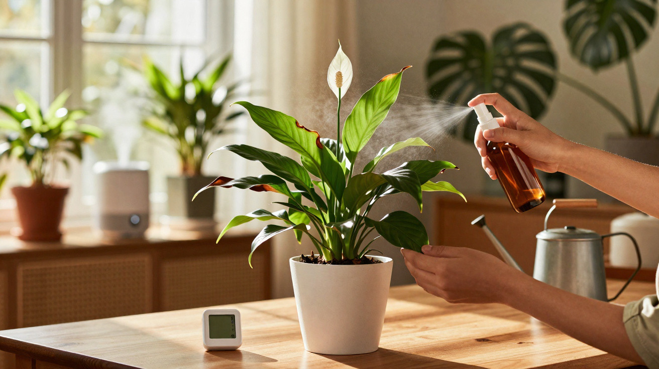 Person misting a peace lily plant on a wooden table in a sunlit room with other potted plants.