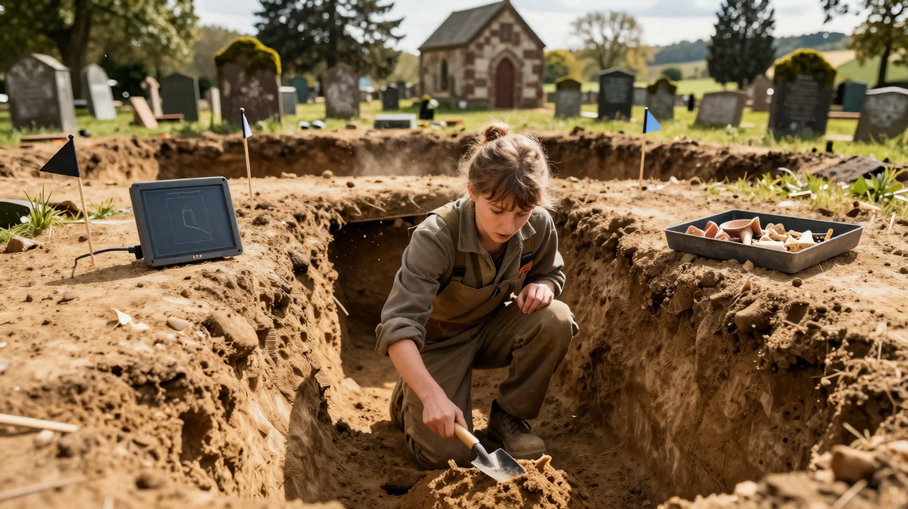 Archaeologist digging with a trowel in a grave site trench beside a church and gravestones in daylight.