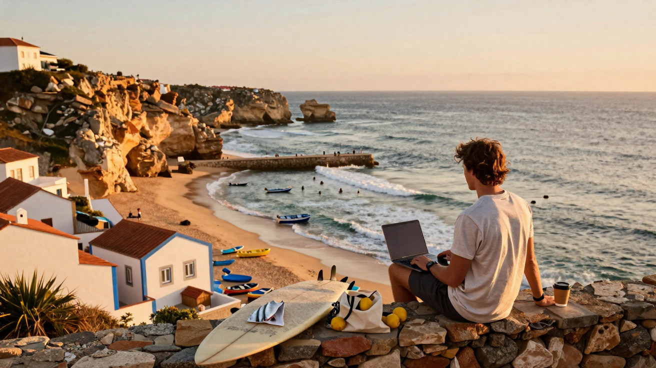 Man with laptop sitting on stone wall overlooking beach, surfboard, boats, and rocky cliffs at sunset