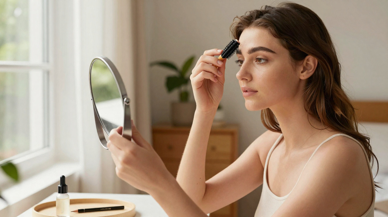 Young woman grooming eyebrows using a spoolie brush while looking in a handheld mirror by a window.