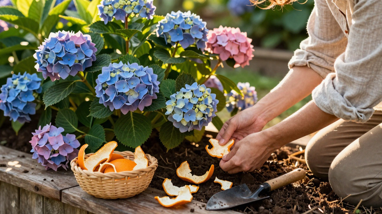 Person kneeling beside blue and pink hydrangeas, spreading orange peels in a garden bed.