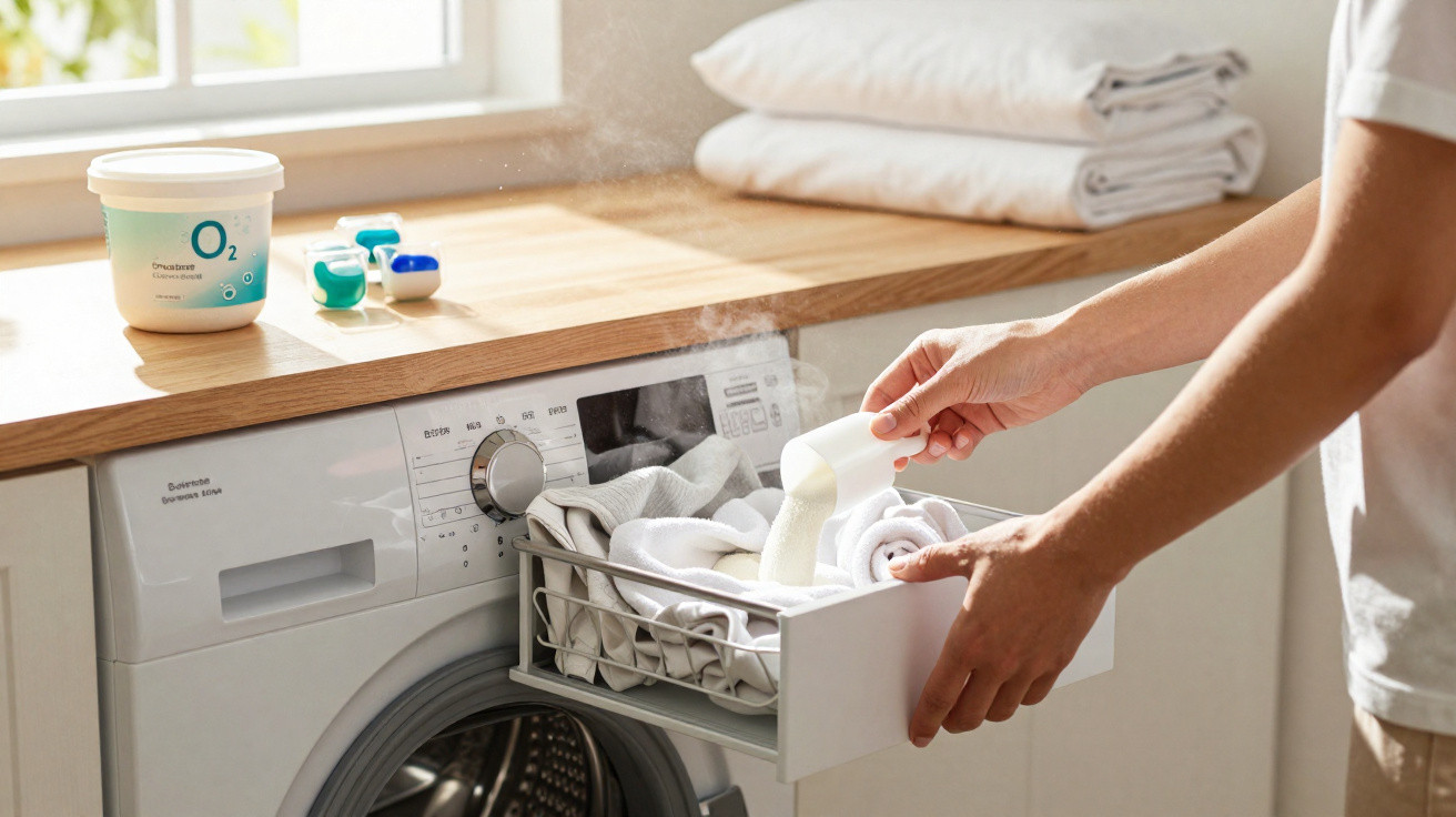 Person pouring detergent into a washing machine drawer filled with steaming white laundry in a bright room.
