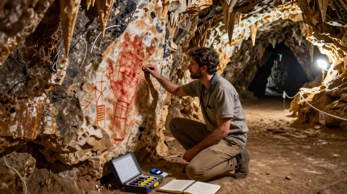 Man documenting ancient red handprints and symbols on a cave wall inside a rocky underground cavern.