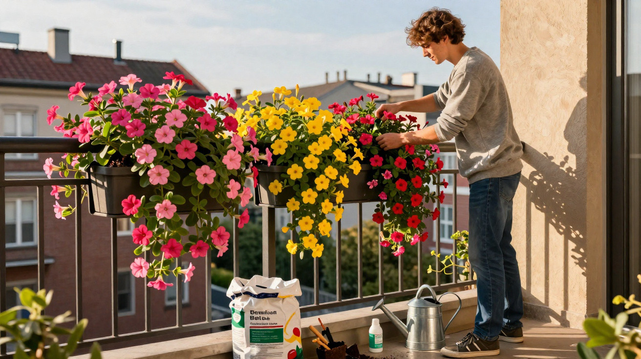Young man tending vibrant pink, red, and yellow flowers on a sunny balcony with gardening tools nearby.