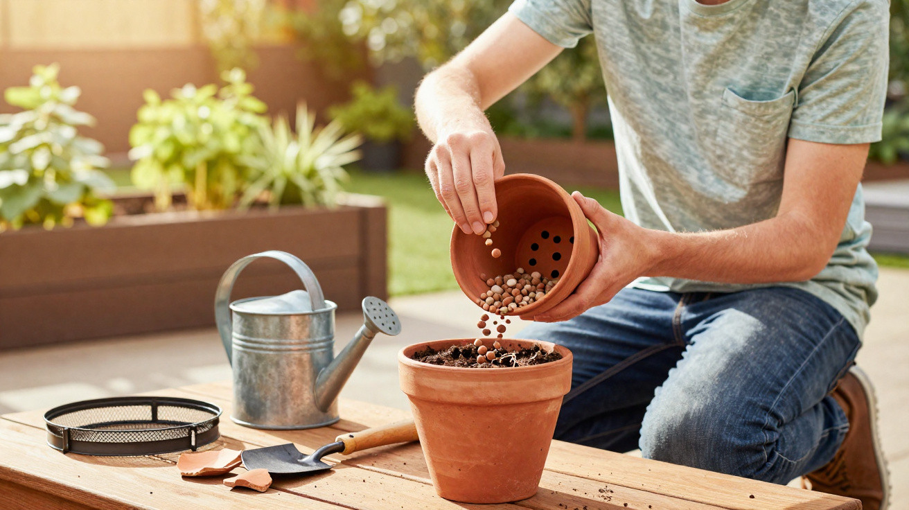 Person pouring clay pebbles into a terracotta pot on a wooden table with gardening tools outdoors.