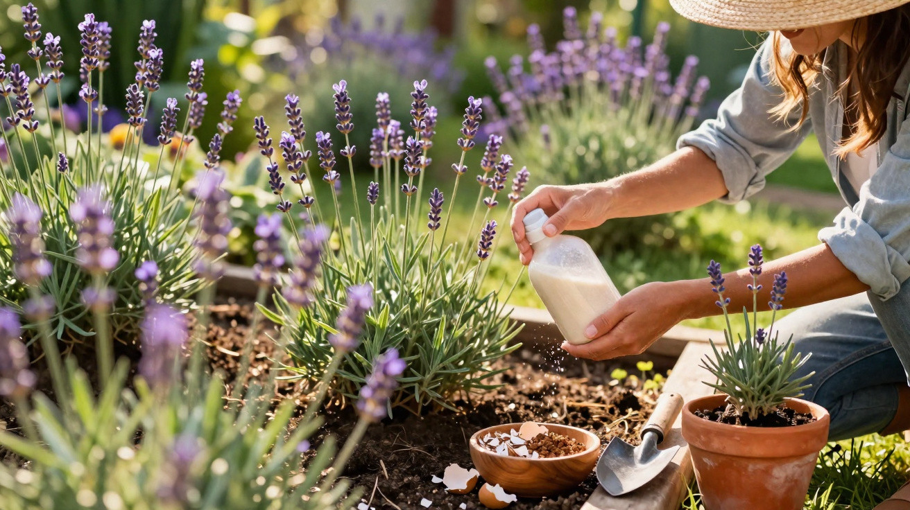 Person sprinkling powdered fertilizer on lavender plants in a garden on a sunny day.
