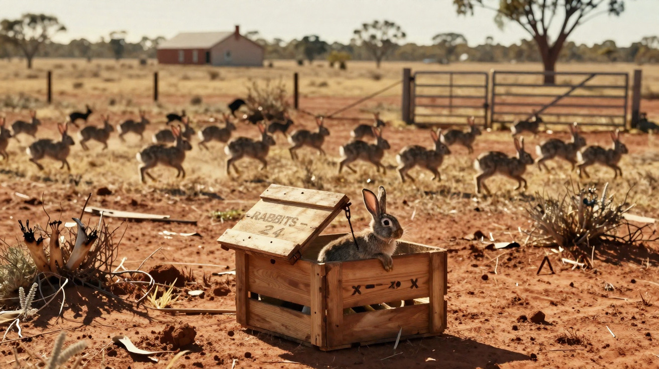 A rabbit sitting inside a wooden box with a herd of kangaroos hopping in the dry Australian outback.
