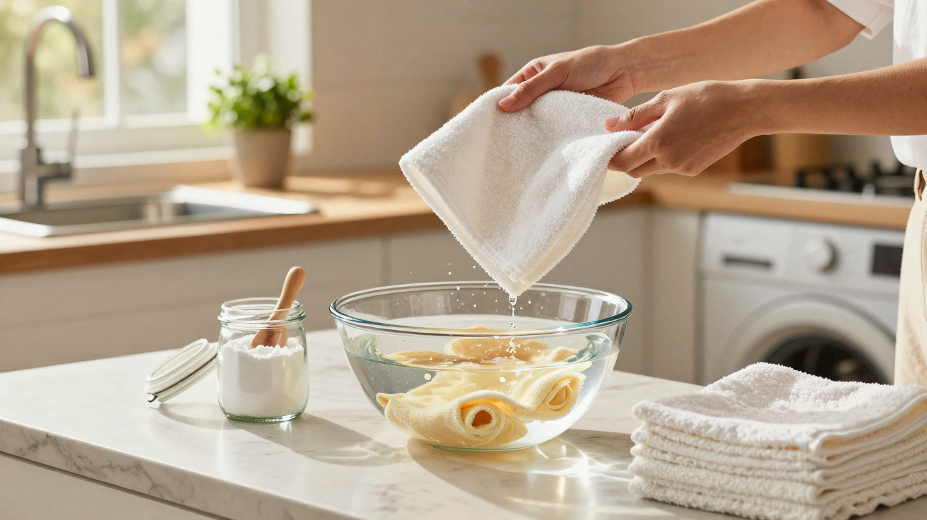 Hands wringing a wet cloth over a glass bowl with soaking cloths on a kitchen counter.