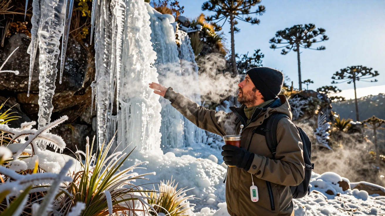 Man in winter clothes reaching toward large icicles with breath visible in cold air, snowy landscape background.
