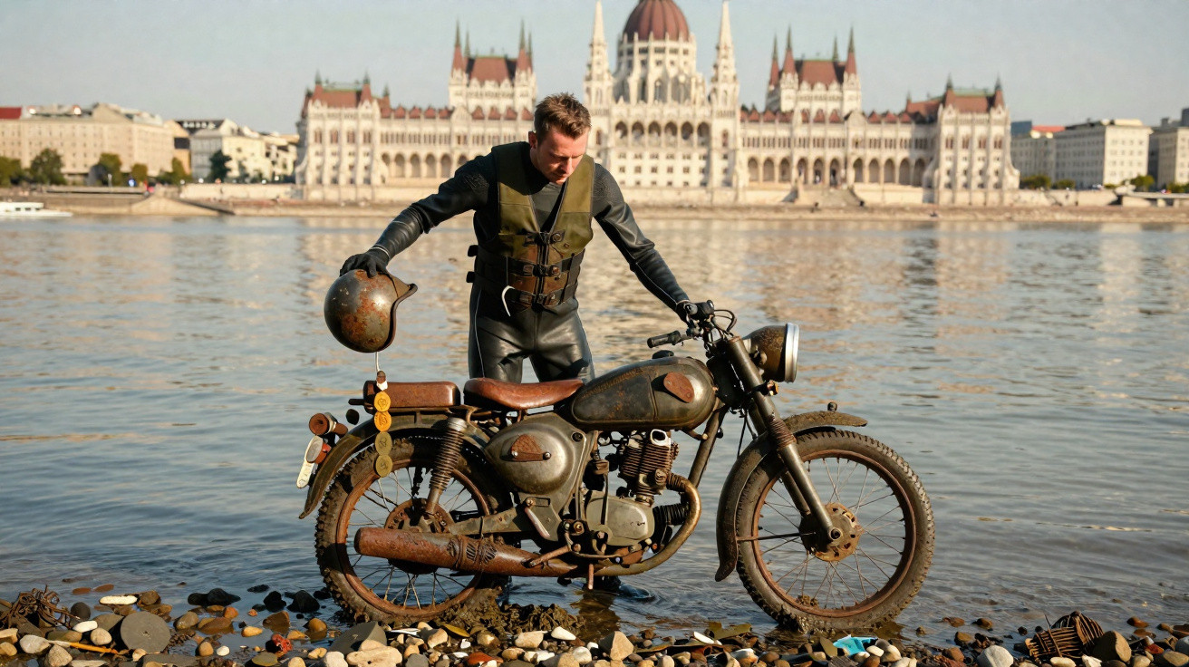 Man in vintage outfit pouring water from a jug onto a classic motorcycle by a river with a large historic building behind.