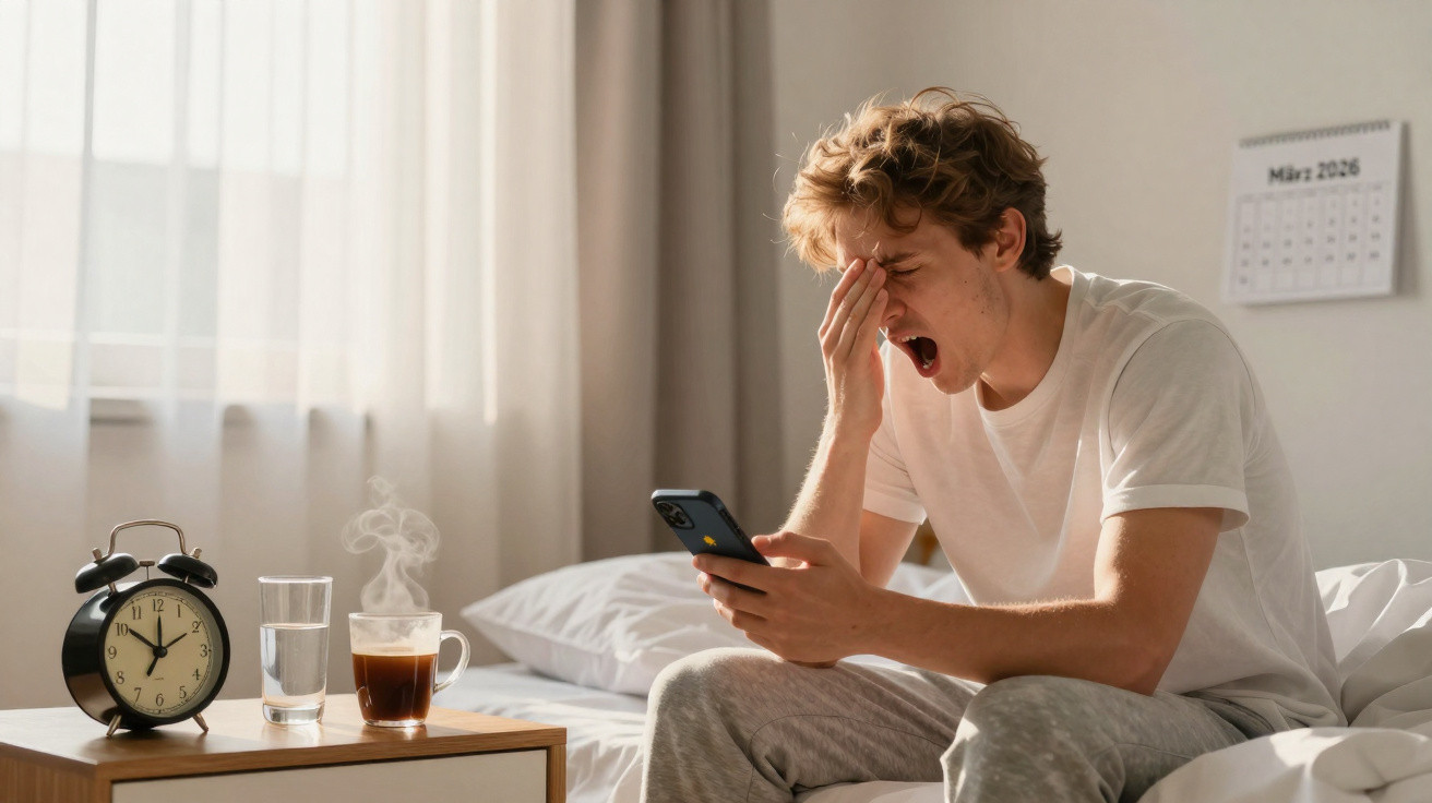 Young man yawning while looking at his phone, sitting on a bed next to a bedside table with a clock and hot coffee.