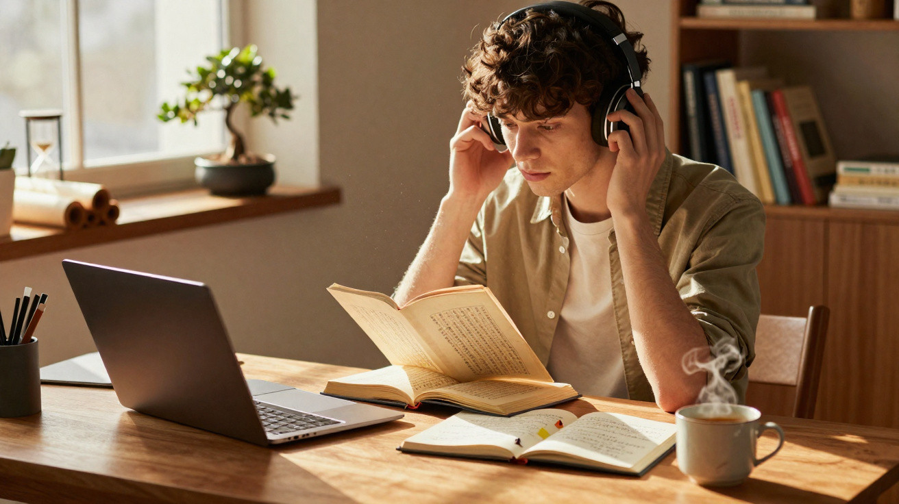 Young man wearing headphones reads a book at a wooden desk with a laptop and steaming mug nearby.