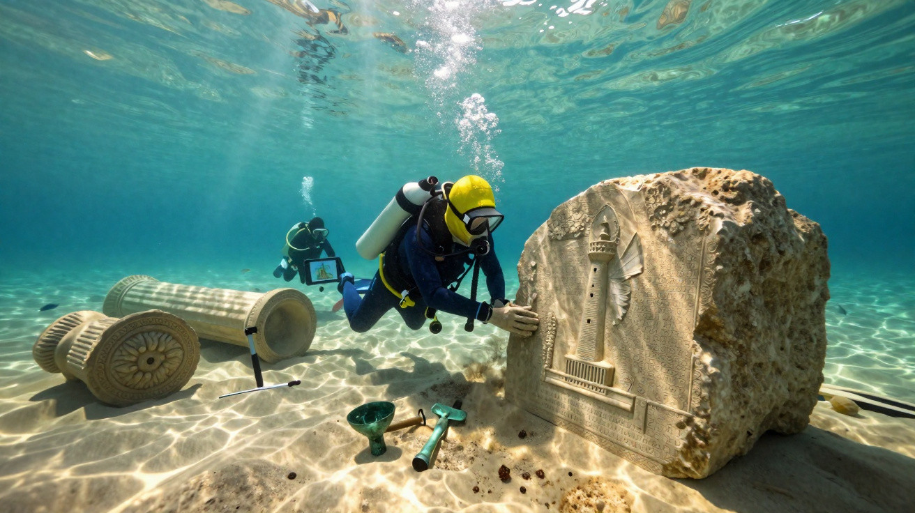 Two divers explore and examine ancient underwater ruins with carved stone columns and artifacts on the sea floor.