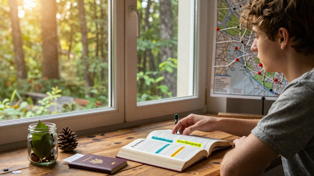 Young person studying a book with highlighted text at a wooden desk by a window with a map on the wall.