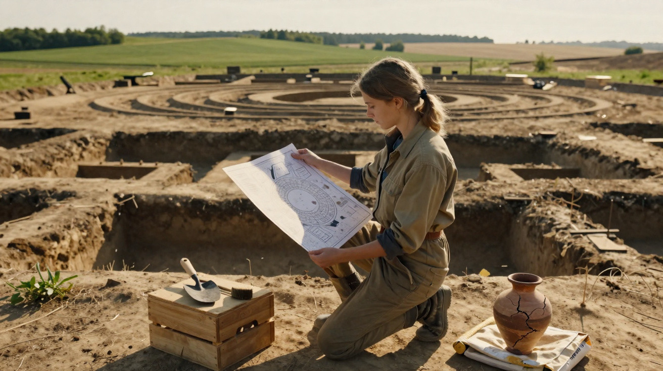 Woman archaeologist examining site plans at an excavation site with ancient pottery and tools nearby.