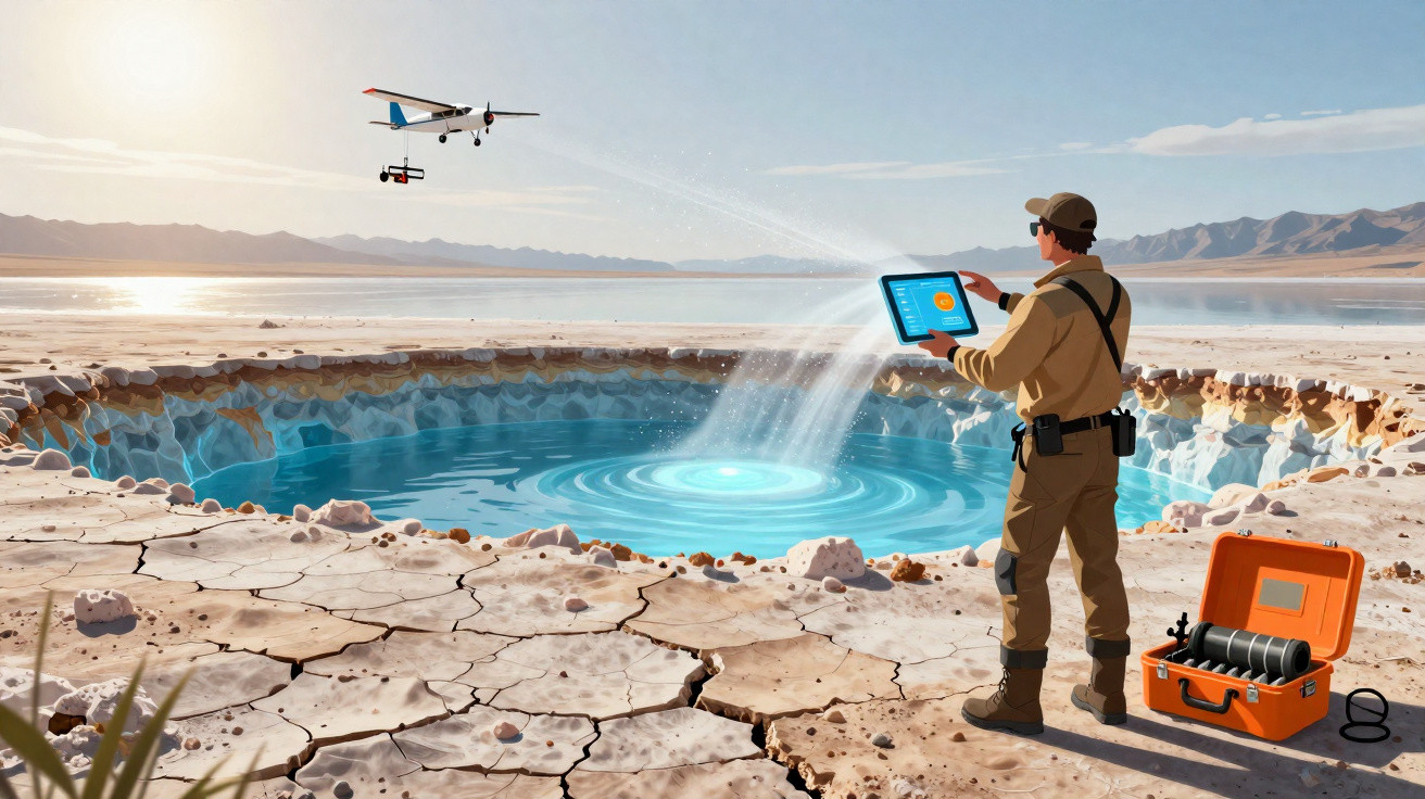 Person monitoring a drone over a cracked dry lakebed with a deep blue water hole using a tablet.