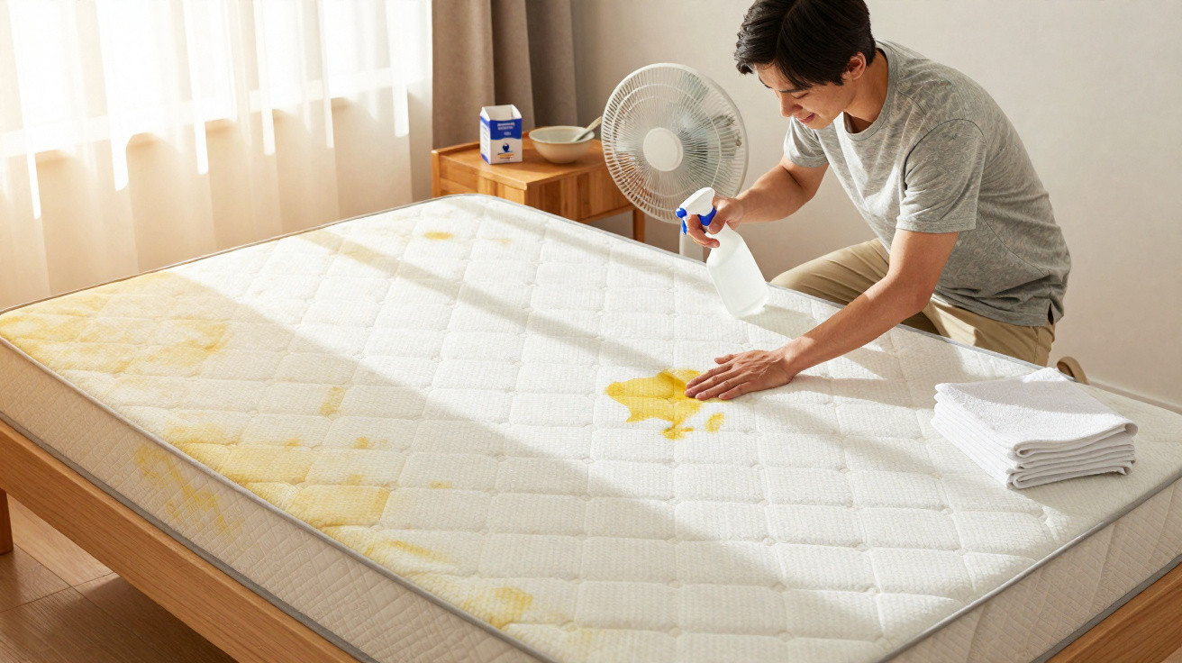 Person cleaning yellow stains on a mattress with a spray bottle and cloth in a sunlit bedroom.