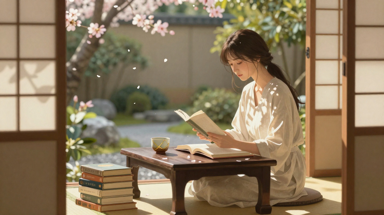 Woman in white robe reading a book at a low table in a sunlit Japanese-style room with cherry blossoms outside.