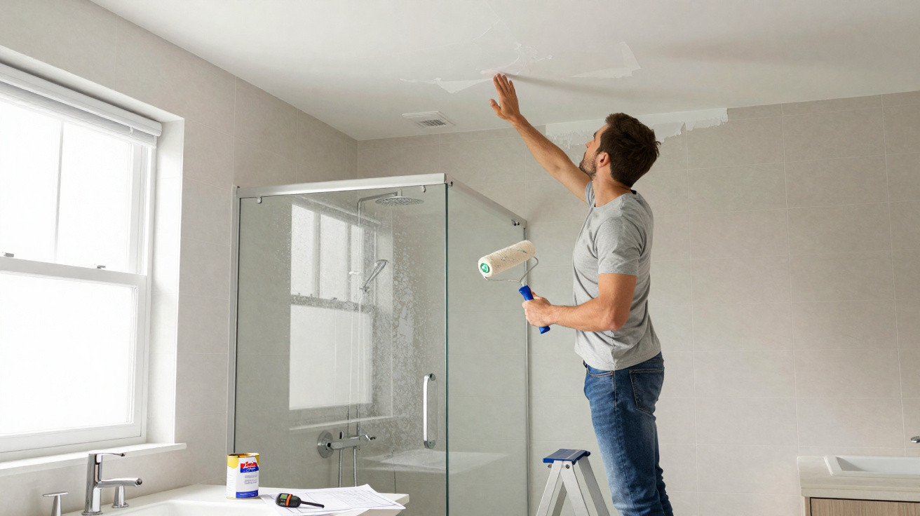 Man painting a bathroom ceiling white using a paint roller while standing on a step ladder.