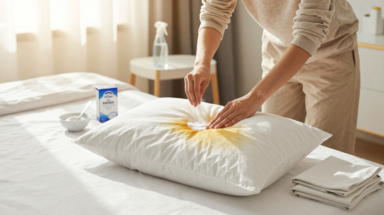 Person treating a yellow stain on a white pillow with a cleaning powder in a bright bedroom.