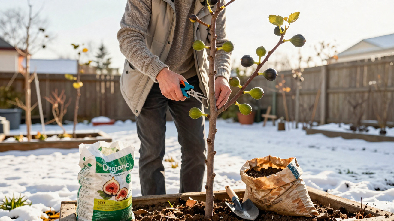 Person pruning a young fig tree in a snowy garden with gardening soil and tools nearby.