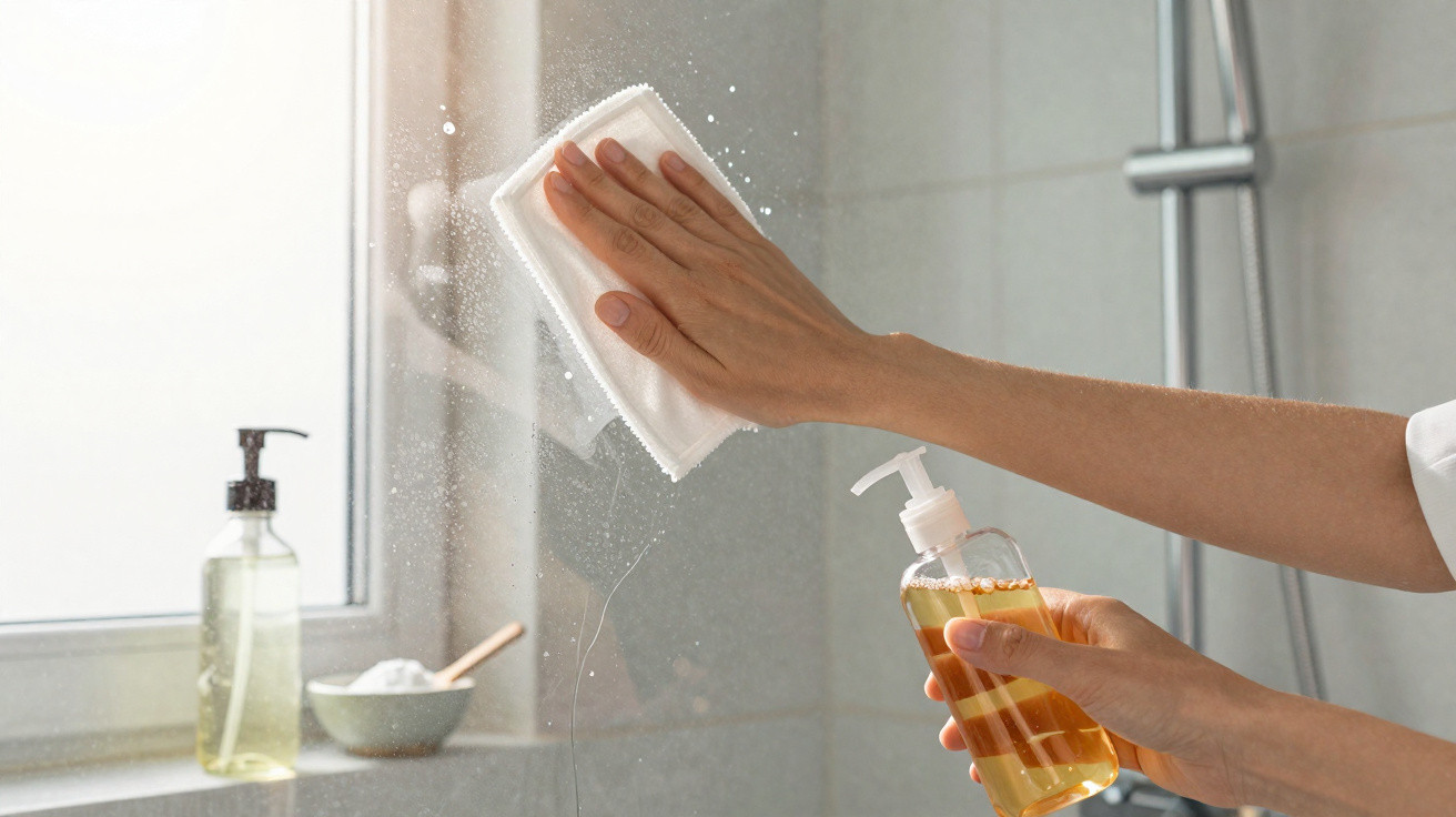 Person cleaning bathroom mirror with a cloth and amber liquid soap dispenser in hand.