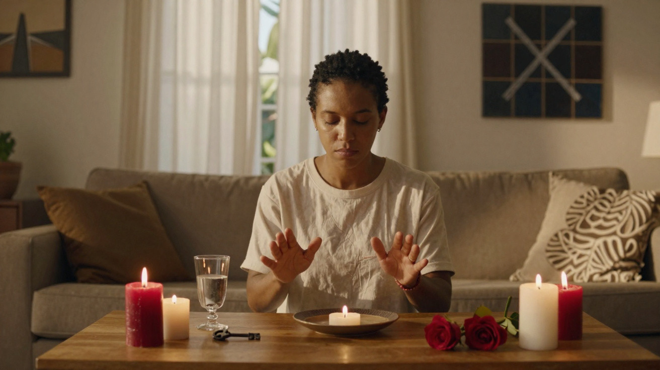 Person sitting at table with lit candles, roses, and a key, meditating or performing a ritual in a living room.