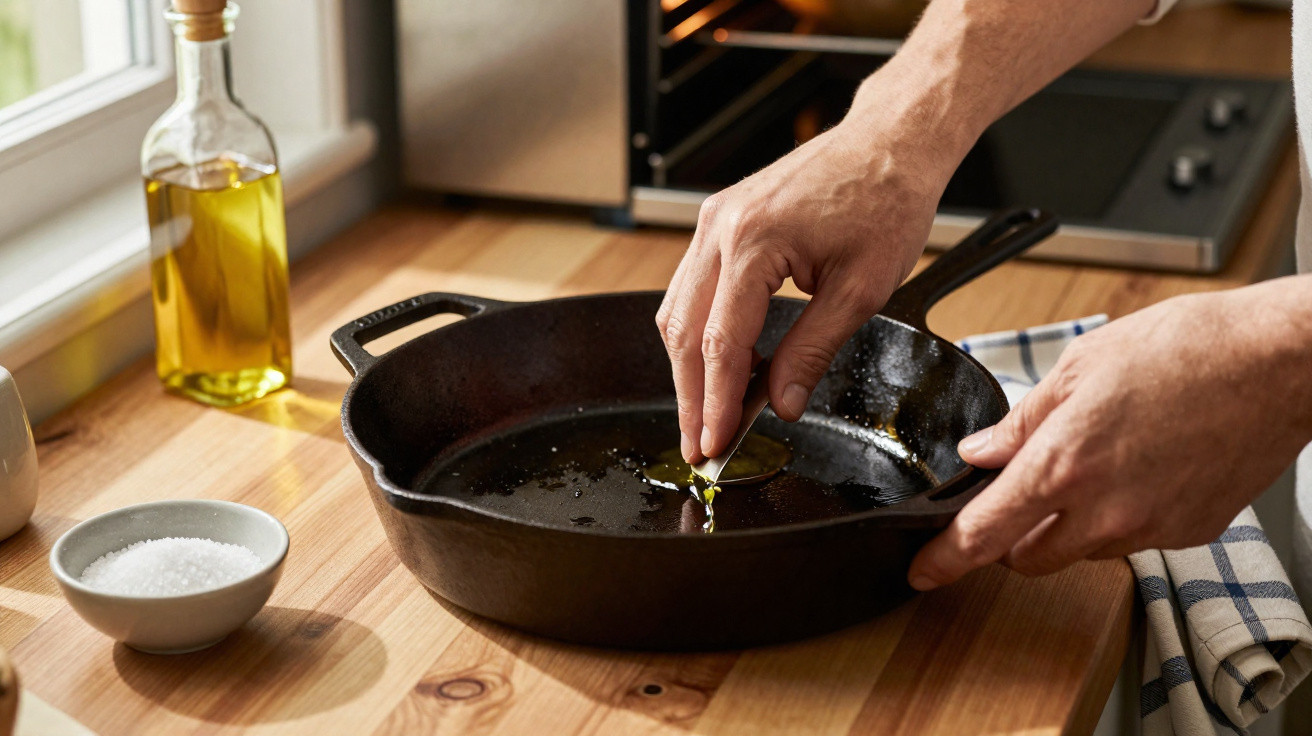 Hands pouring olive oil into a cast iron skillet on a wooden countertop near a window.