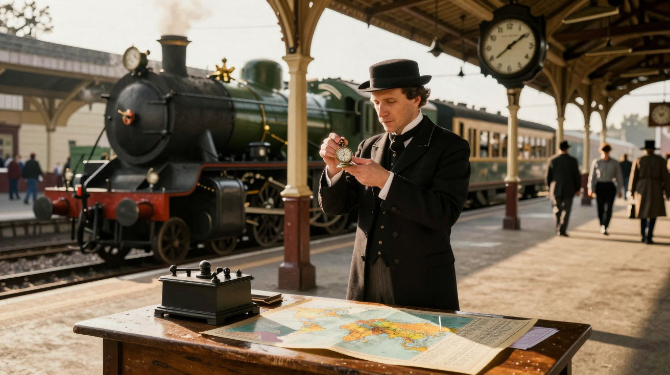Man in vintage suit checks pocket watch at old train station with steam locomotive and map on desk.