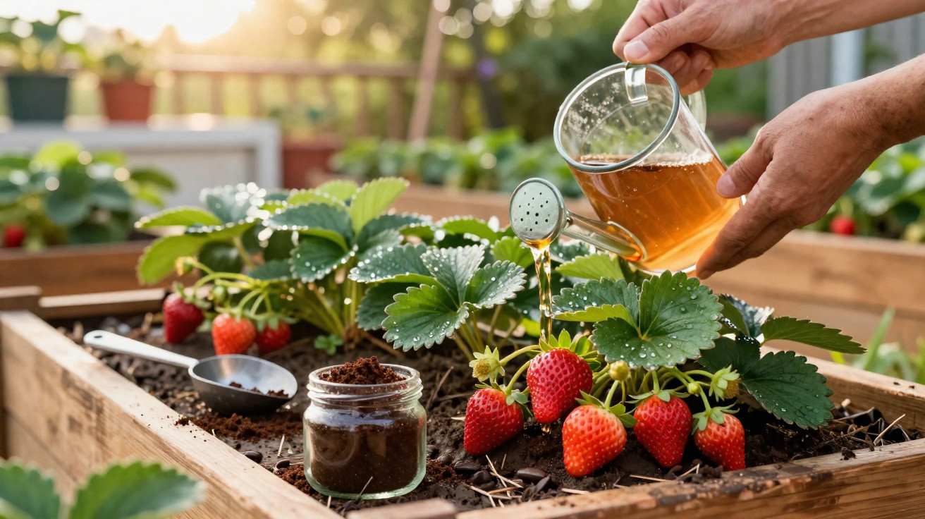 Hands watering a raised wooden planter box with growing ripe strawberries and a jar of soil nearby.