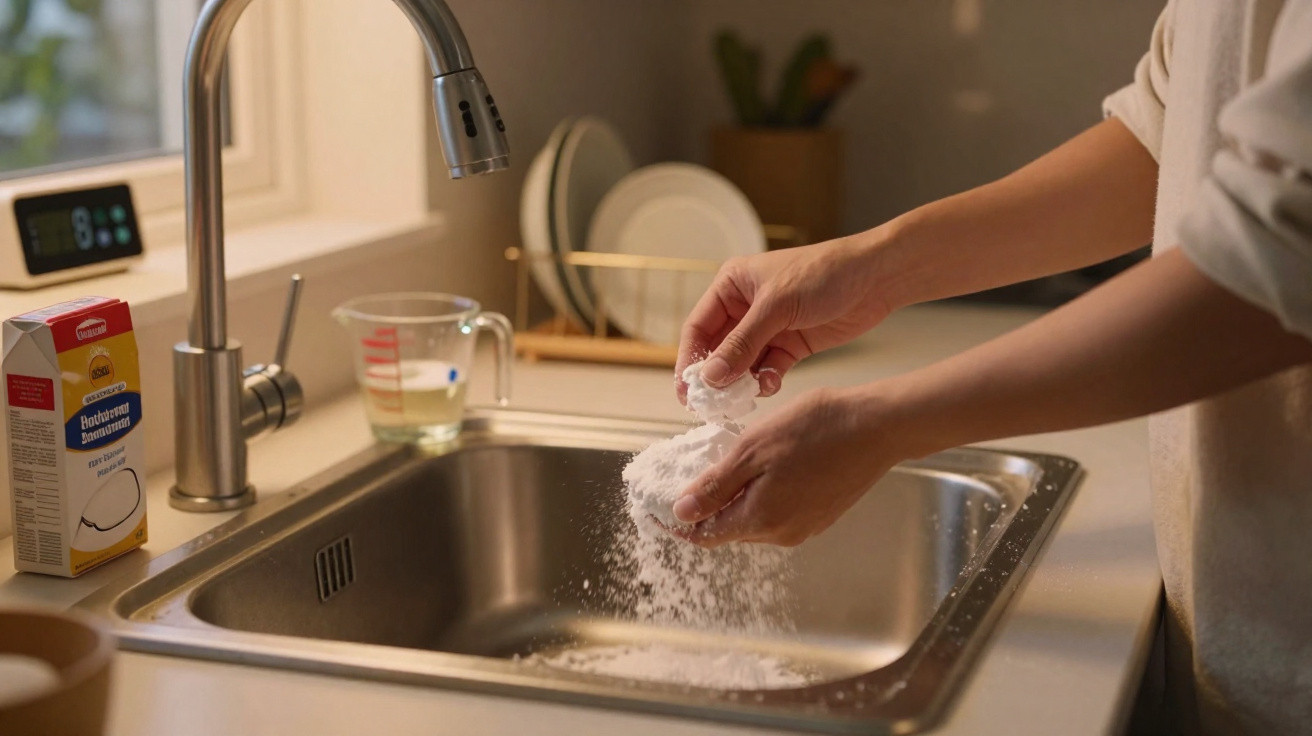 Hands sprinkling baking soda into a stainless steel kitchen sink beside a measuring jug and a box of bicarbonate soda.