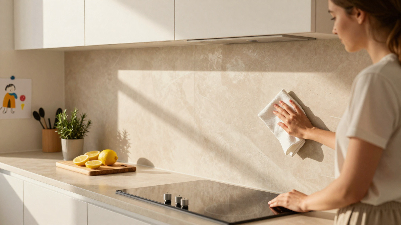 Woman cleaning kitchen backsplash with a cloth in a sunlit modern kitchen.