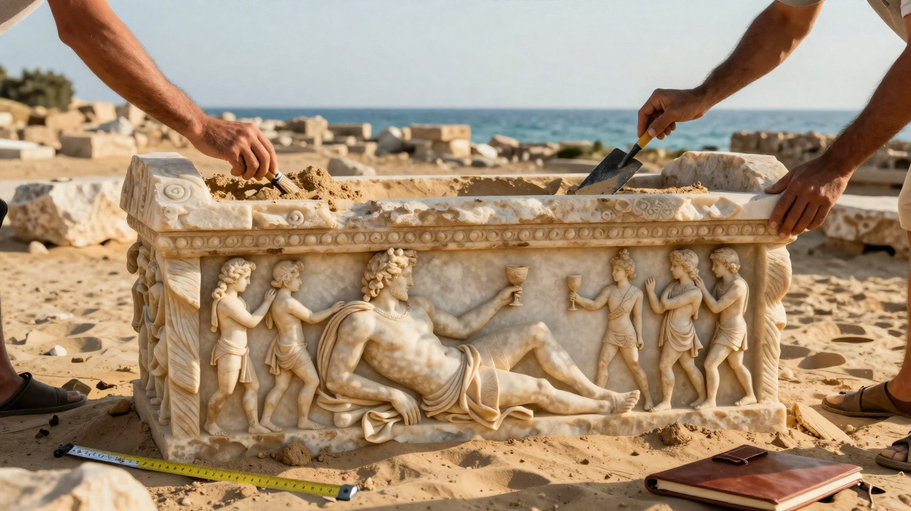 Two archaeologists excavate an ornate ancient marble sarcophagus with detailed human carvings at a sandy site by the sea.