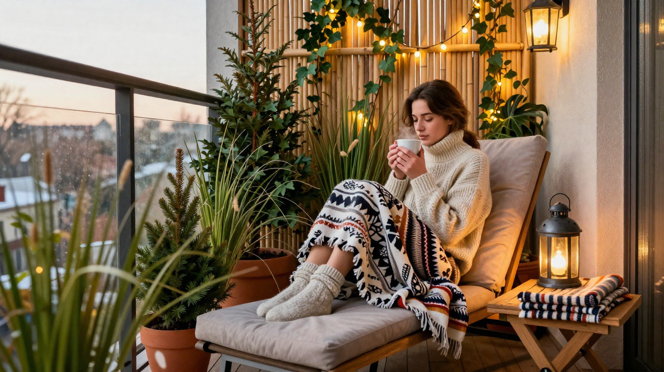 Woman in cosy sweater and socks wrapped in a patterned blanket, sipping a hot drink on a balcony with plants and warm lightin