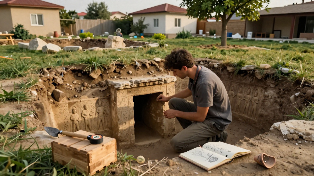 Archaeologist examining an ancient, decorated stone entrance in a partially dug excavation site near houses.