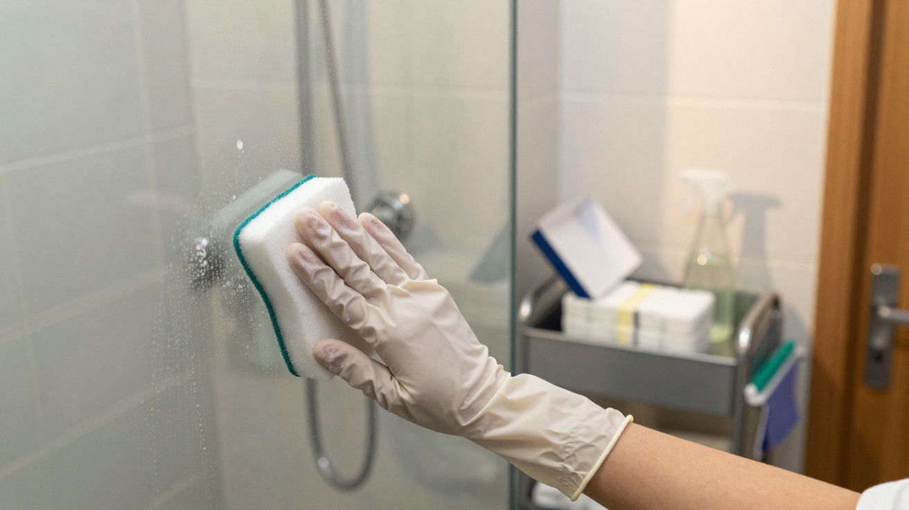 Hand wearing a glove cleaning a glass shower door with a sponge in a bathroom.